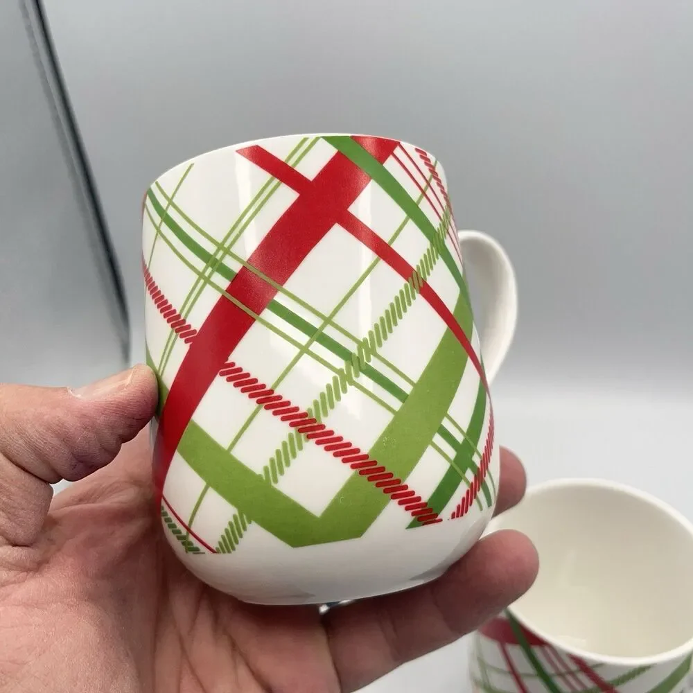 Crate & Barrel Red & Green Plaid Christmas Holiday Cups Mugs ~ Set of 2